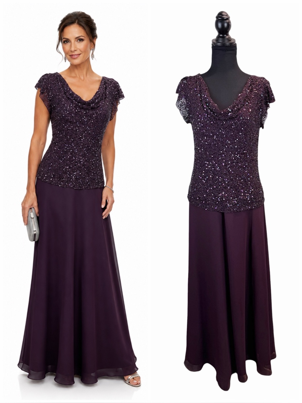 JKARA Plum Beaded Evening Gown Size 8 Formal Mother of the Bride Dress